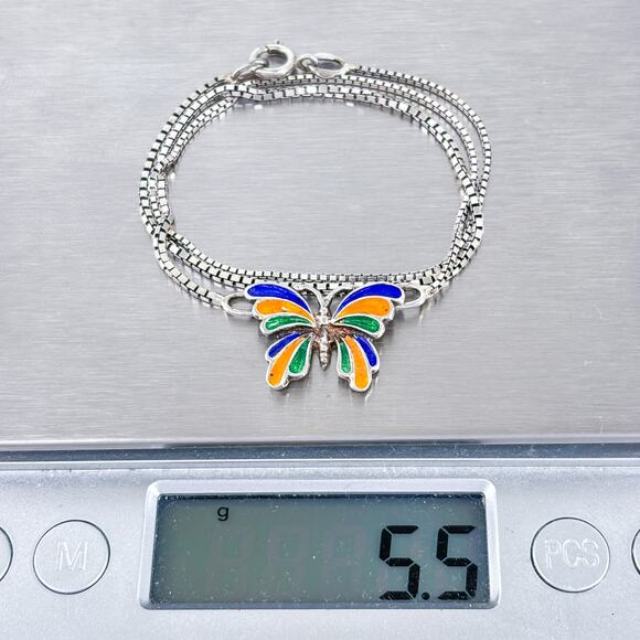 Estate Italy Sterling Silver 925 Enamel Butterfly Pendant Necklace 15.5” - Picture 5 of 5